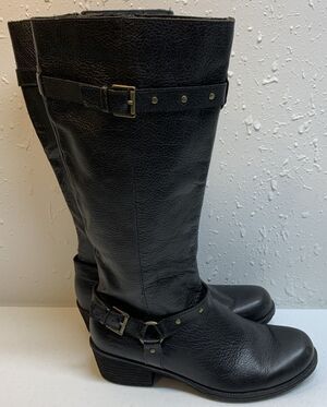BOC Born CAM Riding Boots Womens 11 Knee High Studded Strap Black Leather Zip Up